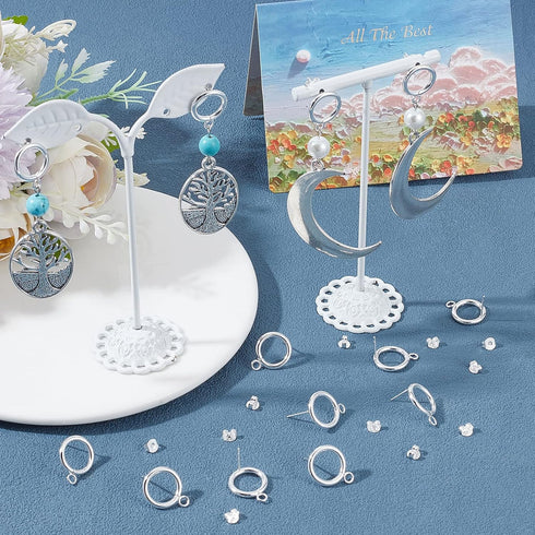 Beebeecraft 1 Box 20Pcs Circle Stud Earring Findings 925 Sterling Silver Plated Stainless Steel Hollow Round Circle Earring Posts with Loop and 20...
