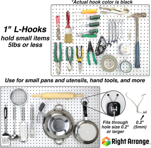 Steel Pegboard Hooks 50-Pack 1" + 2” L Hook, Black - Will Not Fall Out, Fits Any Peg Board - Organize Tools, Accessories, Workbench, Garage Storag...