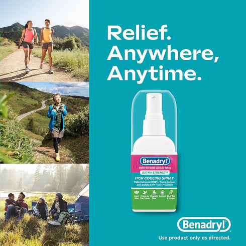Benadryl Extra Strength Anti-Itch Cooling Spray, Diphenhydramine HCI Topical Analgesic and Zinc Acetate Skin Protectant for Fast Relief from Most ...