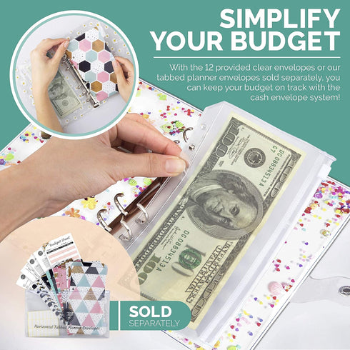 A6 Binder Cover and 12 Clear Envelopes, Budget Binder with Cash Envelopes for Budgeting, Binder Pockets Cash Envelope Wallet, Budget Planner Organ...