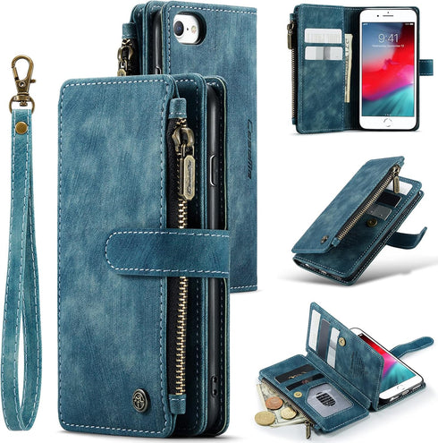 UEEBAI Wallet Case for iPhone SE 2022 5G/iPhone 7/iPhone 8/iPhone SE 2020, Handmade PU Leather Phone Case Card Slots Magnetic Zipper Pocket Kickst...