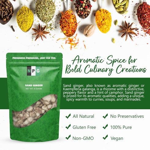 NPG Dried Galangal Root Sand Ginger Sliced 8 Ounce, Natural NON GMO Kulinjan Alpinia Galanga Chinese Galangal Sand Ginger Slices, Herb Spices Ingr...