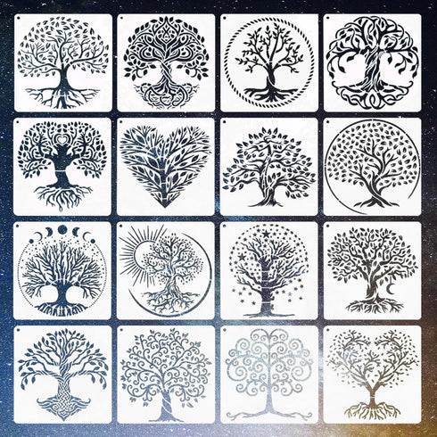 16 Pieces Tree of Life Stencils 6 Inch Reusable Stencils for Painting Small Tree Stencils Plastic Painting Stencils Tree Drawing Templates for Pai...