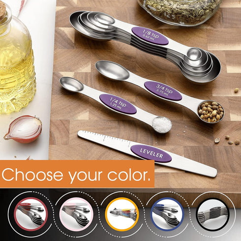 Spring Chef Purple Stainless Steel Magnetic Measuring Spoons Set of 8 with Leveler, Dual Sided Metal Teaspoon & Tablespoon Measuring Spoons, Kitch...