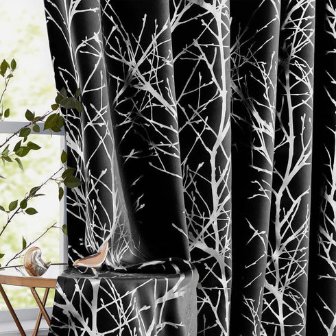 FMFUNCTEX 100% Blackout Curtains for Bedroom, Curtains 54 Inch Length Black Branch Curtains for Living Room, Silver Foil Metallic Tree Patterned P...