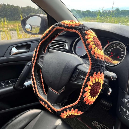 Crochet Steering Wheel Cover Set,Cute Car Steering Wheel Cover Boho 14-15in,Handmade Sunflower Granny Square Pattern Gift for Women, Accessories f...
