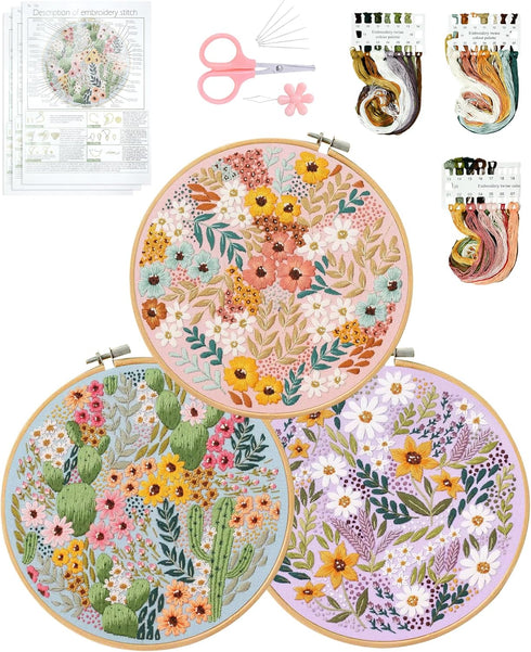 Santune 3 Sets Embroidery Kit,Cross Stitch Kits for Beginners,Needlepoint Kits for Adults with Easy Stamped Flower Pattern Fabric Hand Crafts,Hoop...