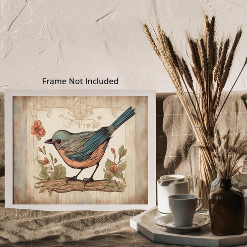 Posterizer 1 pcs- Blue and Orange bird on a tree with a rustic background-Art for Animal Lovers-Floral Botanical Art- Gift for Men Women -Living R...