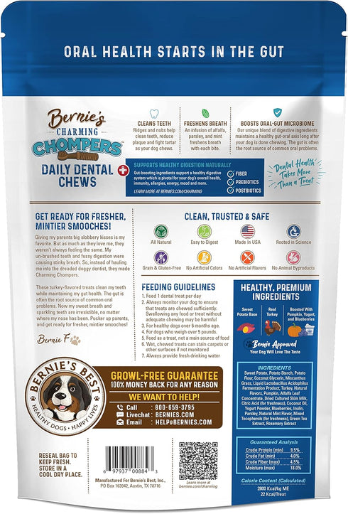 Bernie's Charming Chompers - Daily Dental Chews for Dogs 5-15 Lbs. - 22 Count - Cleans Teeth, Freshens Breath, Boosts Oral-Gut Microbiome. Easy to...