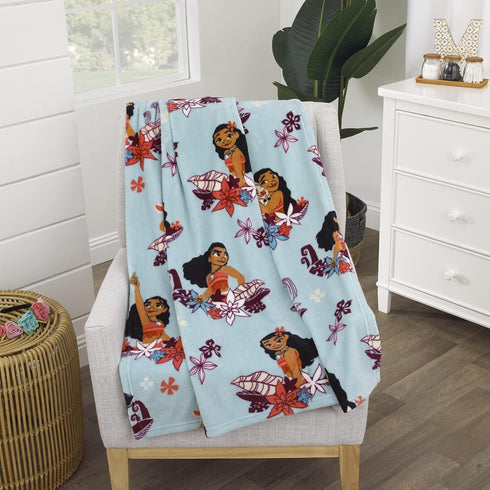 Disney Moana Feel The Waves Aqua, Coral & Violet with Pua Pig & Tropical Flowers Super Soft Toddler Blanket, Aqua, Orange, Purple, White , 40x50 I...