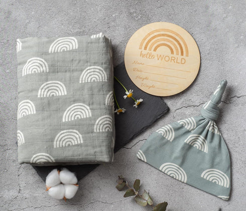 Miaoberry 100% Organic Cotton Muslin Blanket| Sage Green Rainbow Baby Swaddle Set| Newborn Boy Girl Unisex Neutral| Boho Vintage Monthly Picture B...