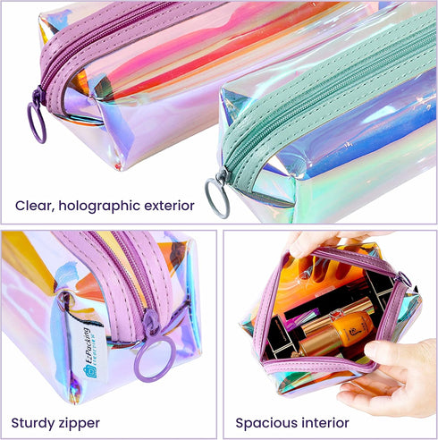 EzPacking Holographic Clear Makeup Pouch/Cute Iridescent Cosmetic Organizer/Sparkly Glittery Women’s Toiletries Holder/Transparent Ladies Zipper B...