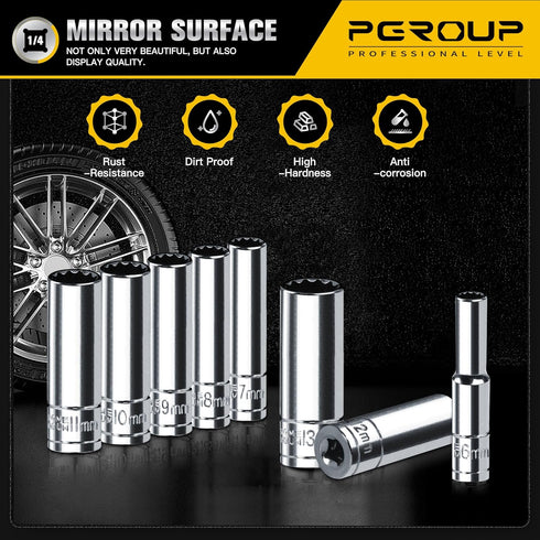 1/4 Inch Drive Socket Set - 8 Piece Metric 12-Point Deep Socket Set (6mm, 7mm, 8mm, 9mm, 10mm, 11mm, 12mm, 13mm)- Cr-V Steel with Sturdy Holder - ...