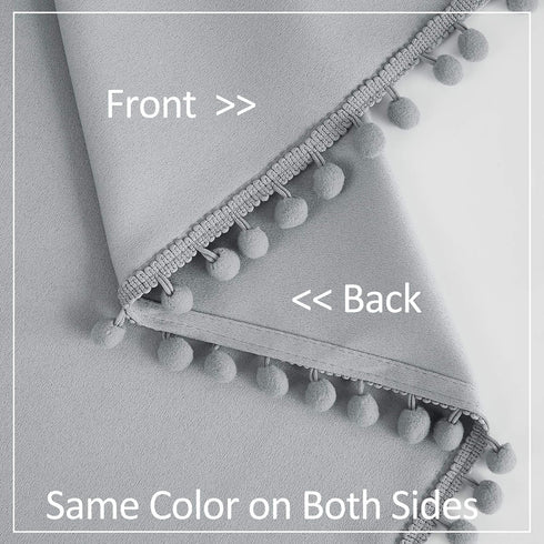Pompom Full Blackout Curtains Grey Window Curtains for Basement 54 inches Thermal Insulated Room Darkening Curtain Drapes for Nursery 2 Panels...