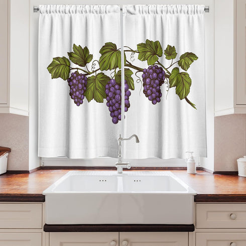 Lunarable Wine Grapes Kitchen Curtains, Drinking Tasting Party Theme Fresh Purple Fruits on Plain Backdrop, Window Drapes 2 Panel Set for Kitchen ...