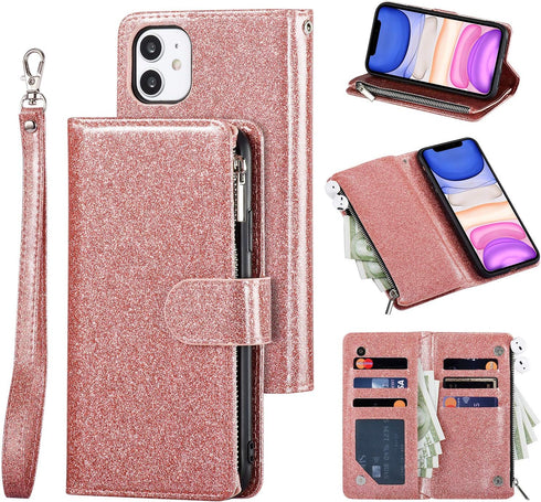 UEEBAI Wallet Case for iPhone 11, PU Leather Wallet Magnetic Closure Handbag Zipper Pocket Kickstand Card Slots with Hand Strap Glitter Flip Case ...