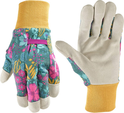 Wells Lamont Women's Botanical Print Leather Palm Work and Gardening Gloves, Medium (4182M)...