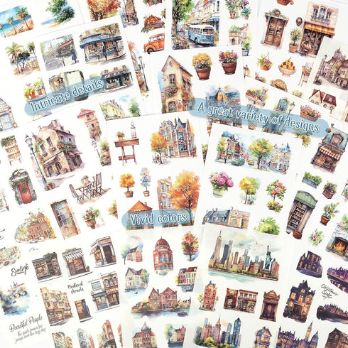 Landscape and City Themed Scrapbook Journaling Stickers, 150 Die-Cut PET and Washi Paper Sticker Book for Junk Journaling, Collage, Craft Projects...