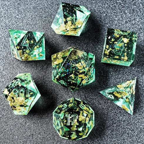 Unpainted Shimmery Sharp Edge DND Dice Set with Golden foil, Handmade 7 Piece Razor Edged Polyhedral RPG Dice Set for Role Playing Games...