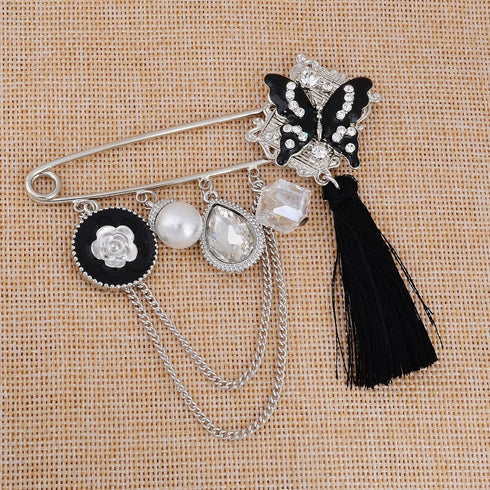 Black Enamel Crystal Butterfly Large Safety Pins Brooch with Tassel Camellia Pearl Charm 3.2" L...
