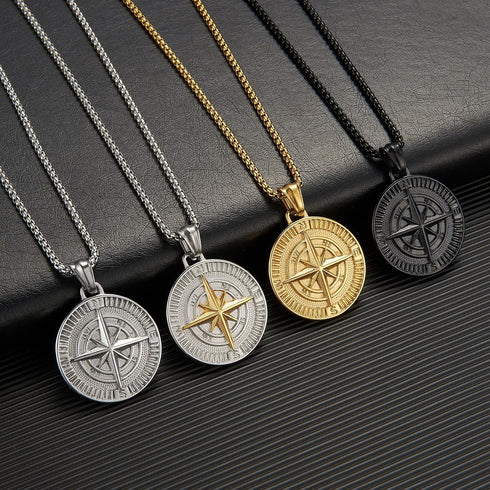 Men's Compass Pendant Necklace Stainless Steel Navigator Forged for Male Jewelry...