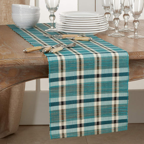 SARO LIFESTYLE Kalama Collection Plaid Woven Water Hyacinth Table Runner, 14" x 72", Turquoise...