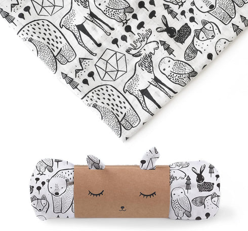 Wee Gallery, Organic Muslin Swaddle - Nordic - Woodland Animals Design, Black and White for Baby Visual Development, Quality Cotton Swaddling or R...