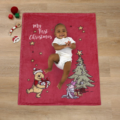 Disney Winnie The Pooh and Piglet Red and Green Holiday Christmas Tree My First Christmas Photo Op Super Soft Baby Blanket...