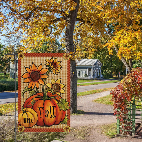 Hello Fall Garden Flag 12 x 18 Inch Vertical Double Sided Burlap, Pumpkin Fall Garden Flags Autunm Sunflower Yard Flag for Seasonal Yard Thanksgiv...