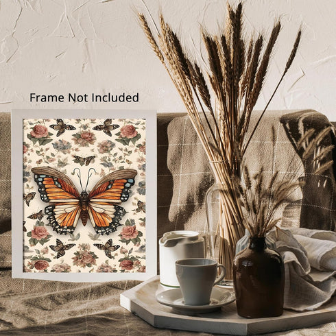 Posterizer 1 pcs- Orange butterfly in the middle of dainty flowers-Art for Animal Lovers-Floral Botanical Art-Gift for Men Women Teens-Decor for B...