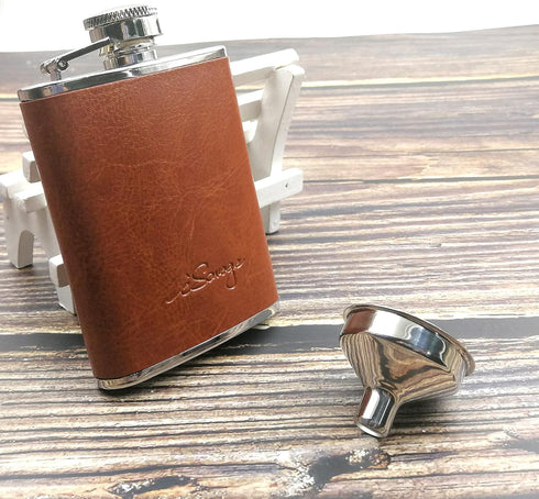 3oz Brown Red Leather Wrapped Hip Flask with a Funnel 18/8 Stainless Steel-YM102...