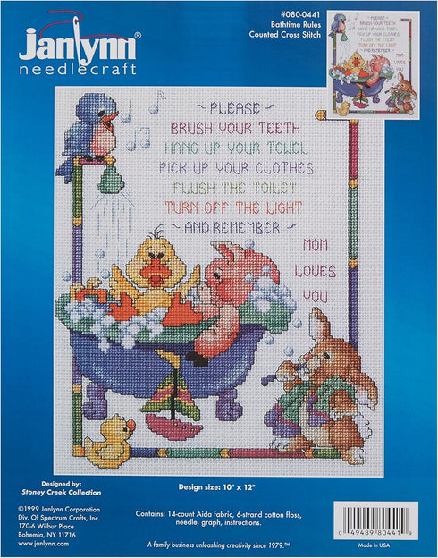 Janlynn Cross Stitch Kit 10"X12"-Bath Time Rules (14 Count), White...