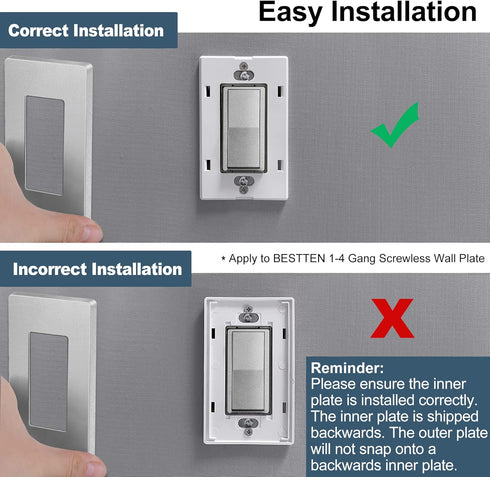 BESTTEN 5 Pack 3-Gang Signature Collection Silver Screwless Wall Plate, Decorator Outlet Cover, USWP8 Series, H4.69” x W6.54”, for Light Switch, D...