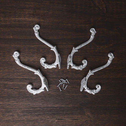 CRAFTSMAN ROAD Vintage Cast Iron Wall Hooks (Antique White Finish, Set of 4) - Rustic, Farmhouse, Shabby Chic, French Country Coat Hooks | Great f...