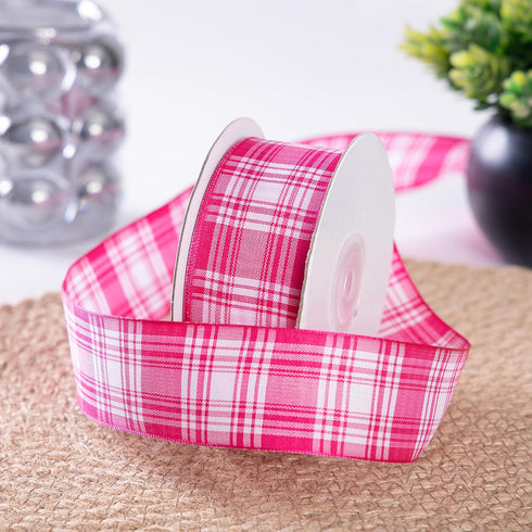 Pink Plaid Wired Ribbon,Pink and White Ribbon 1.5 Inch Wide, 25 Yards/Roll, for Christmas Tree,Wreaths,Bows,Holidays Deco,DIY Crafts, Wedding, Par...