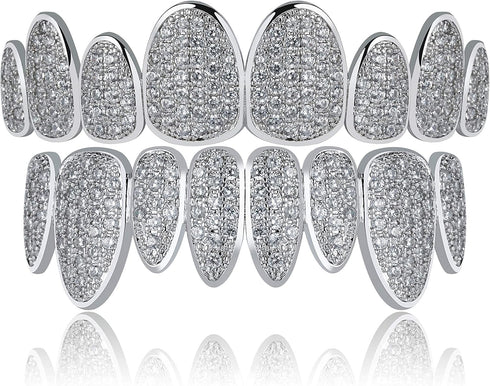 TOPGRILLZ 18K Gold Plated Iced Out Simulated 8 Top and Bottom Diamond Grills for Your Teeth with Extra Molding Bars...