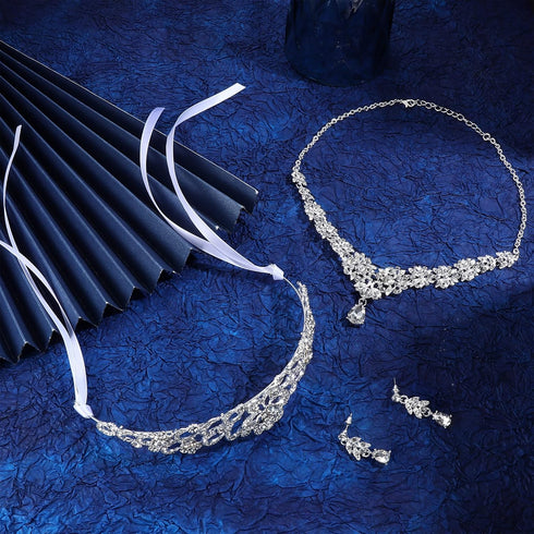 Kakonia Wedding Jewelry For Bride Bridesmaids Rhinestone Necklace Earrings Sets For Women Bridal Wedding Tiara Crown Silver Crystal Costume Prom J...
