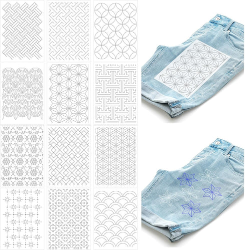 Hahafelt 12pcs Sashiko Embroidery Pattern Stabilizers Water Soluble Embroidery Transfer Patterns Stencils Stick and Stitch Embroidery Designs Sash...