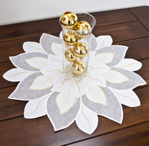Embroidered Holiday Christmas White and Gold Star Poinsettia Doily Place Mat Small Table Topper (23 Inch Round)...