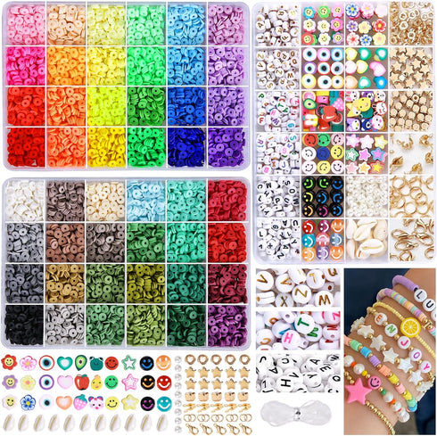 Greentime 8640PCS Clay Beads for Bracelet Making, 48 Colors Flat Round PolymerBeads Spacer Heishi Beads with 312pcs Letter Beads and 535pcs Pendan...
