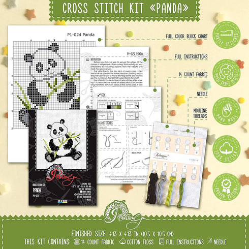 Povitrulya Counted Cross Stitch Kit with Pattern 'Panda' - Easy DIY Set for Hand Embroydery with Paper Pattern, 14 Count Blank Aida Canvas and Pre...