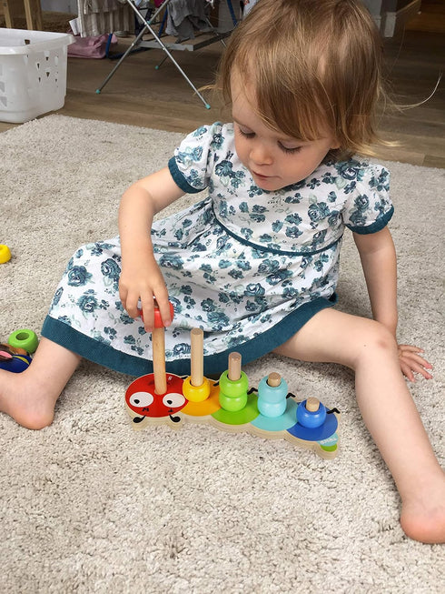 TOWO Wooden Stacking Rings Baby –Lovely Caterpillar Counting Game - Colour Sorting Puzzle - 5 Pegs Ring Stacker - Counting Rings Early Learning Wo...
