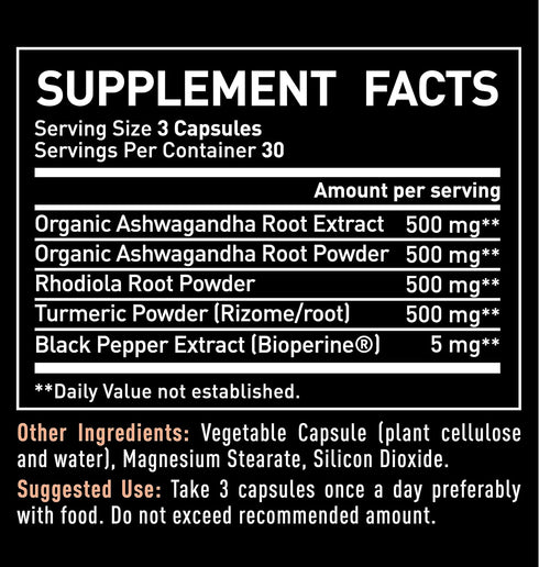 Ashwagandha Complex - Organic Ashwagandha Root Powder + Rhodiola Rosea + Turmeric - Premium Support Formula - Ashwagandha Capsules Supplement...
