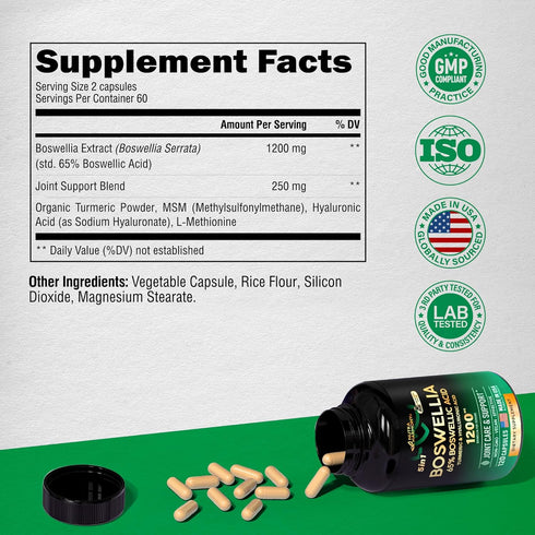 Boswellia Extract Capsules - Boswellia Serrata 1200mg, 65% Boswellic Acid - Joint Comfort & Health Support Supplement - w/Turmeric, Hyaluronic Aci...