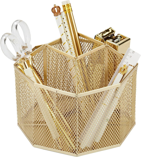 Annova Mesh Desk Organizer Rotate with 5 Compartments Spinning Tidy Candy/Pen Holder Office, Art Supply, Storage, Classroom, Home (Gold)...