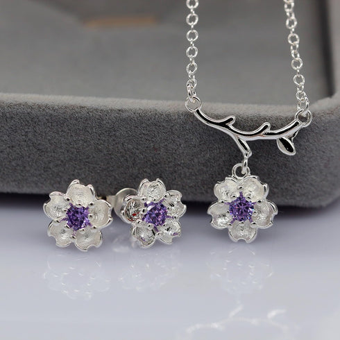 Uloveido Pink Purple Crystal Stone Flower Earrings and Necklace Jewelry Set for Bridal Women White Gold Plated DT340...