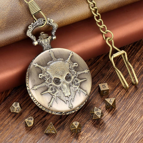Mini DND Dice Set Steampunk Warlock Pocket Watch Shell Case, 7pcs Polyhedral Metal D&D Dice Set, DND Gifts with Gift Box for Gamer, Role Playing B...