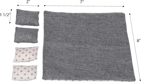 Dollhouse Bedding, 5 Piece Set with Comforter & Pillows, Blanket, Realistic Bedroom Accessories for 6 inch Dolls, 1/12 Scale, Gray and White Linen...