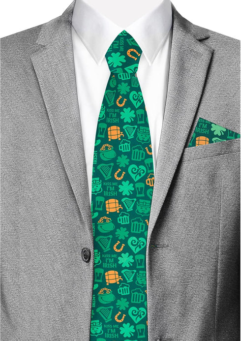 Jacob Alexander Men's Happy Saint Patrick's Day Kiss Me I'm Irish Lucky Symbols Pattern Pre-Tied Zipper Neck Tie - Green...