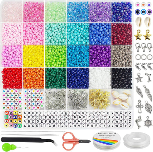 Redtwo 3400pcs 4mm Glass Seed Beads for Jewelry Bracelet Making Kit, Small Beads Friendship Bracelet Kit, Tiny Waist Beads Kit with Letter Beads a...